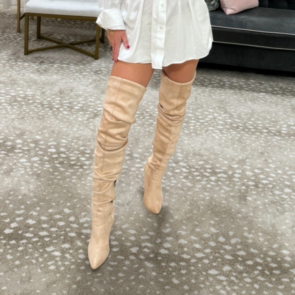 Newbella Tan Suede boots. Thigh high boots with stiletto 4 inch heels.